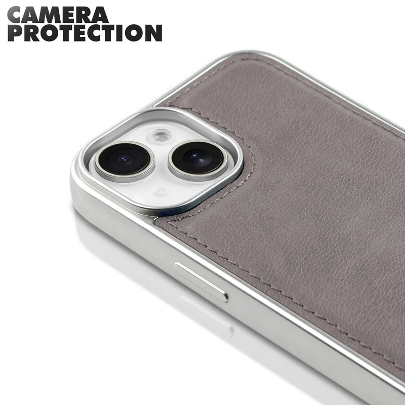 Sophisticated Leather Cover for Apple iPhone 15 with Shiny Silver Edges, Stitched Back Design & Hard Shell Protection - Image 17