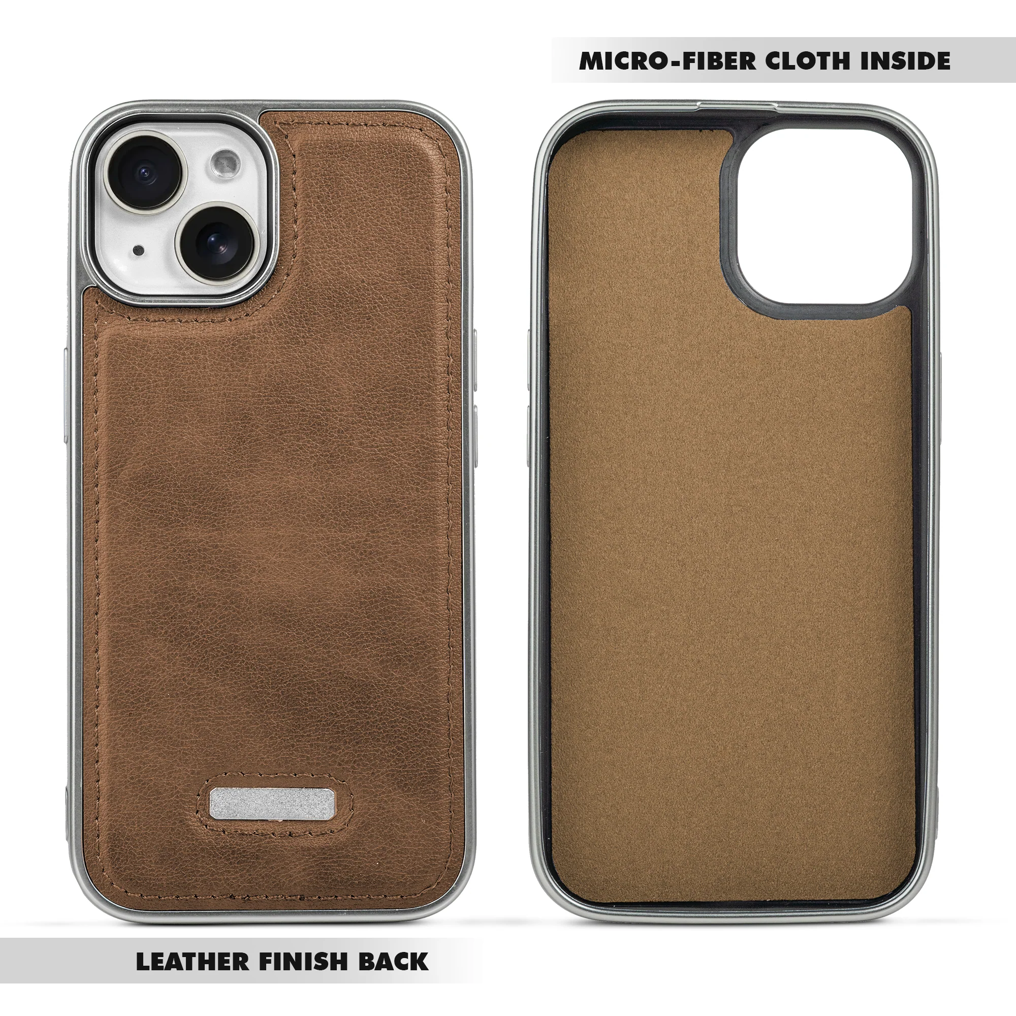Sophisticated Leather Cover for Apple iPhone 15 with Shiny Silver Edges, Stitched Back Design & Hard Shell Protection - Image 21
