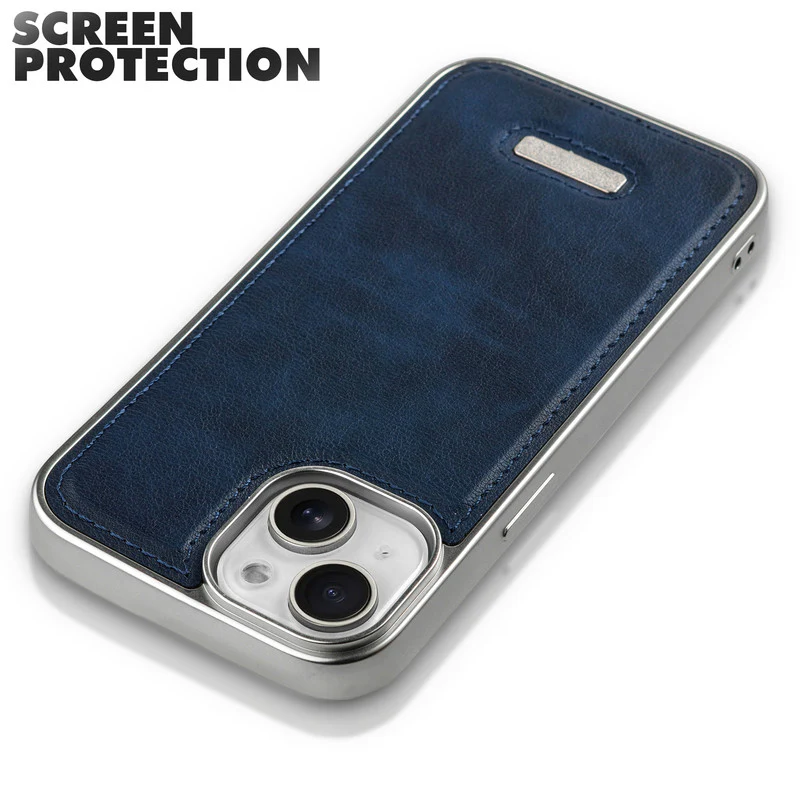 Sophisticated Leather Cover for Apple iPhone 15 with Shiny Silver Edges, Stitched Back Design & Hard Shell Protection - Image 4
