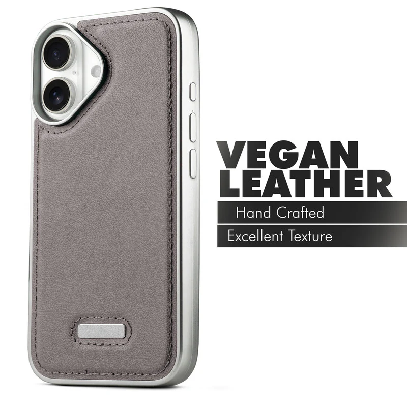 Sophisticated Leather Cover for Apple iPhone 16 with Shiny Silver Edges, Stitched Back Design & Hard Shell Protection - Image 6