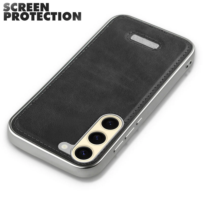 Sophisticated Leather Cover for Samsung S23 5G with Shiny Silver Edges, Stitched Back Design & Hard Shell Protection - Image 4