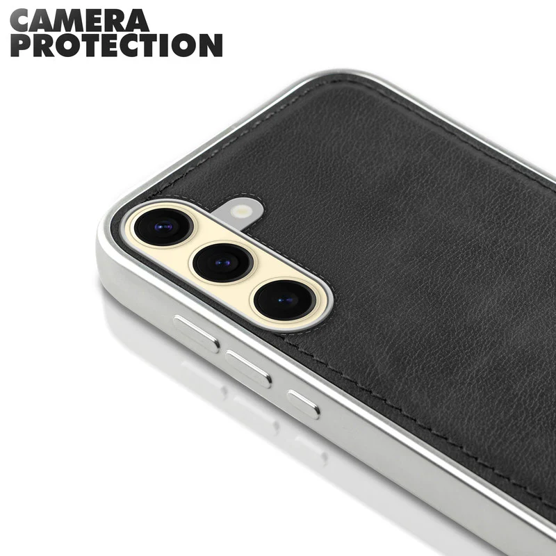 Sophisticated Leather Cover for Samsung S25 5G with Shiny Silver Edges, Stitched Back Design & Hard Shell Protection - Image 5
