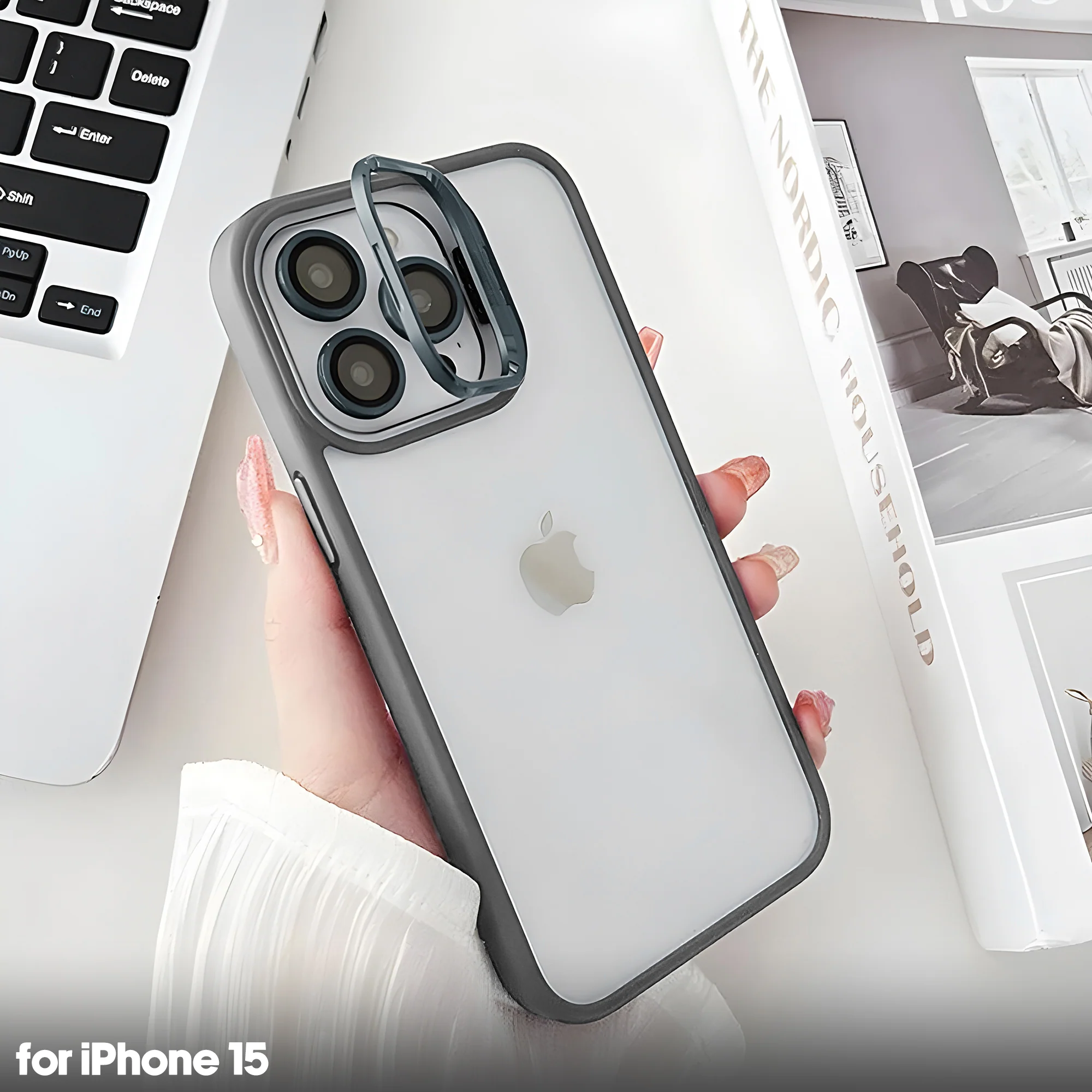 Transparent case with camera ring stand lens protector Back cover for Apple iPhone 15 - Image 15