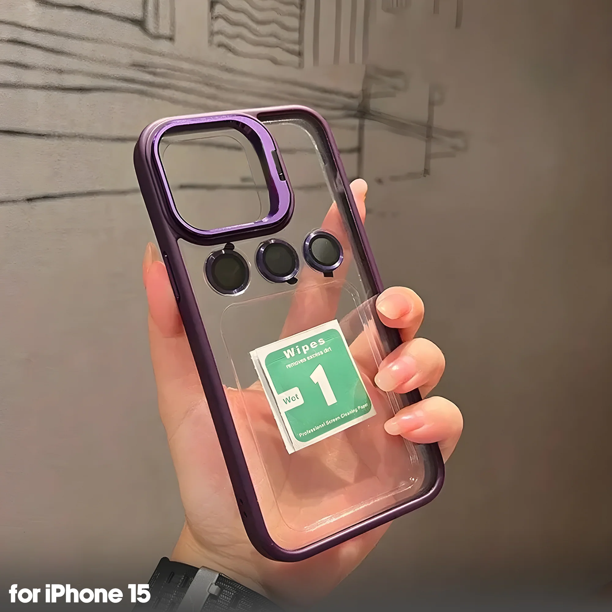 Transparent case with camera ring stand lens protector Back cover for Apple iPhone 15 - Image 6
